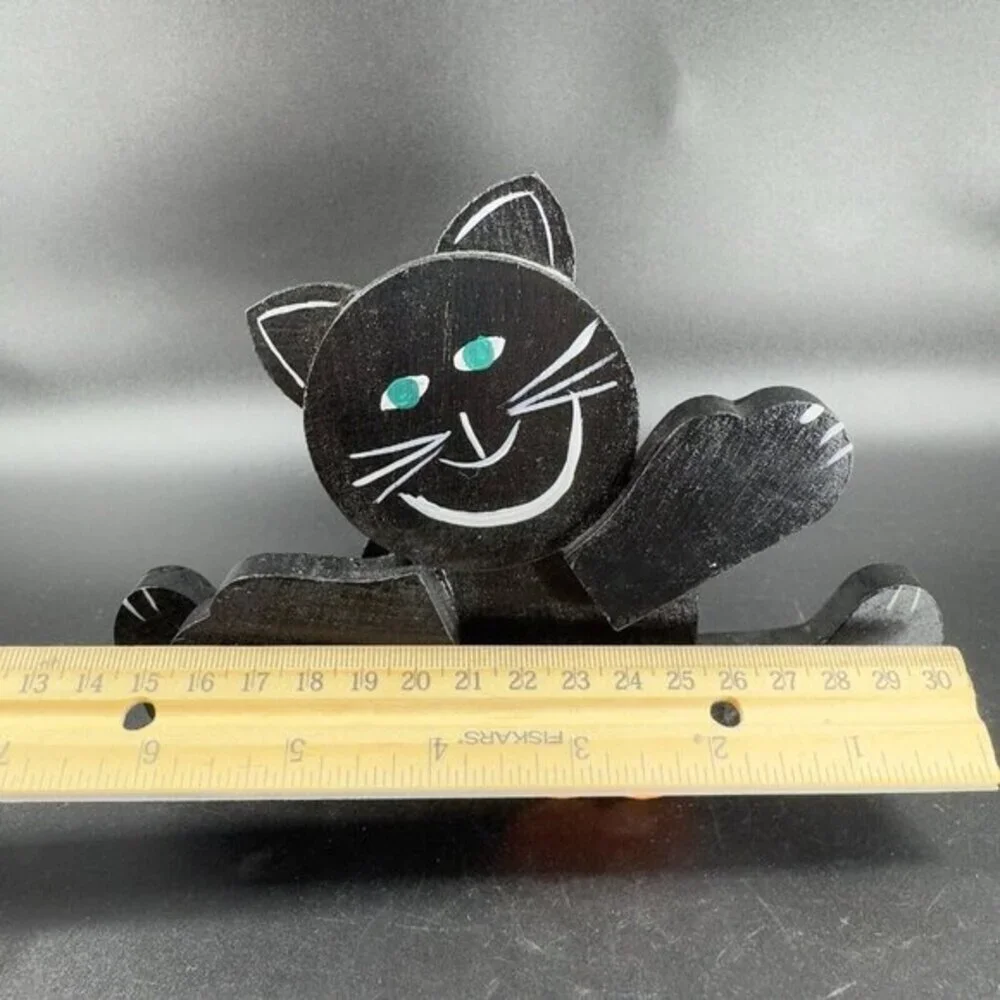 Vintage Folk Art Wood Kitty Cat Black‎ Cat With Pumpkin Painted Decor Spooky VTG